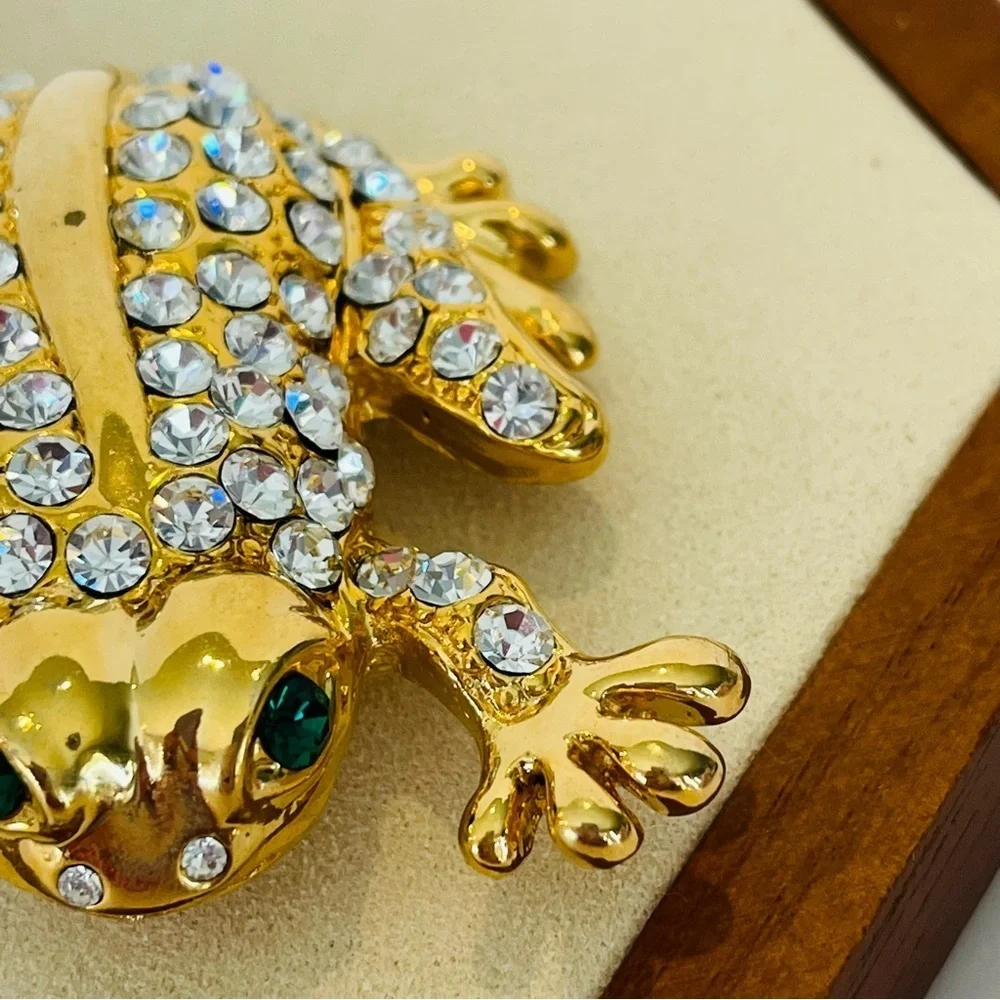 Gold and Crystal Leaping Frog With Emerald Green Eyes Brooch